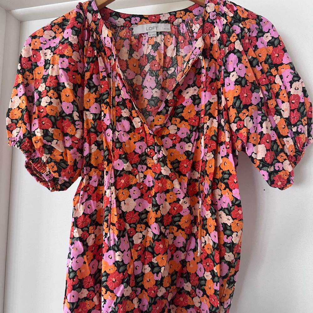 LOFT Vibrant Floral Blouse - Pink, Orange, Black